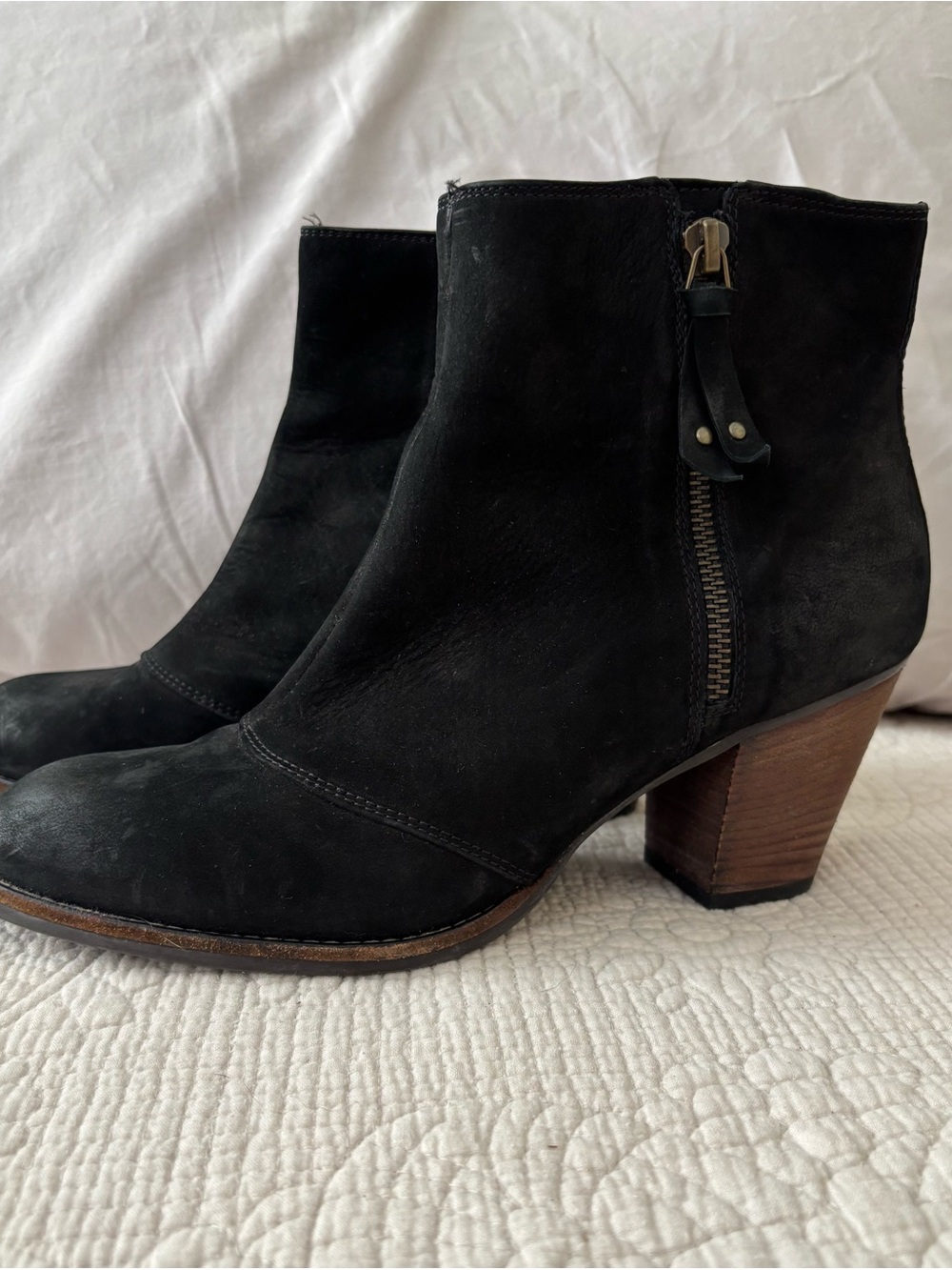 Paul Green Natick Black Nubuck Leather Ankle Booties with Stacked Heel